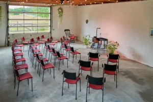 a room with many chairs and a microphone